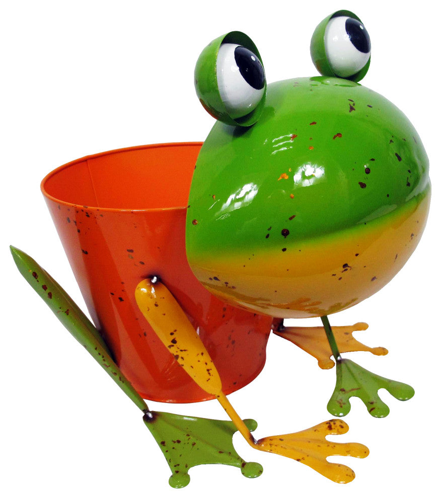 Metal Frog Bucket Shaped Planter Flower Pot Outdoor Garden Decor