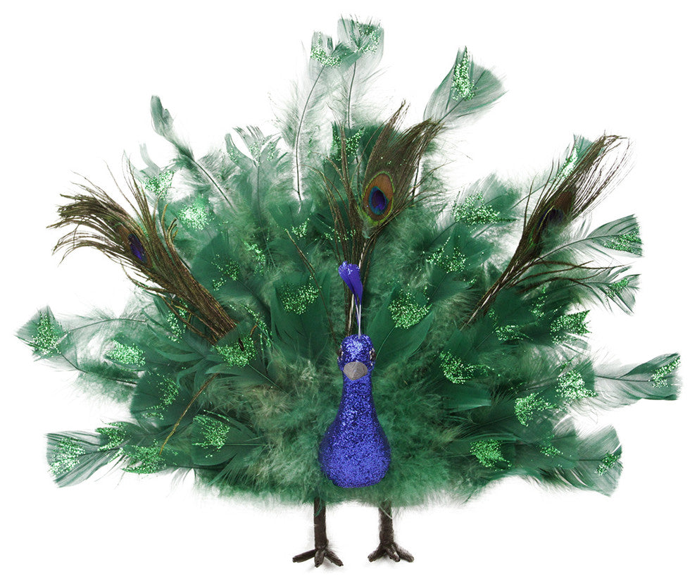 Colorful Regal Peacock Bird With Open Tail Feathers Christmas Decoration, 14"