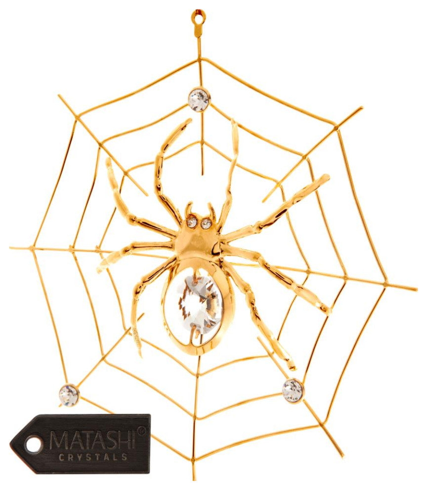 24K Gold Plated Crystal Studded Spider on Spider Web Ornament