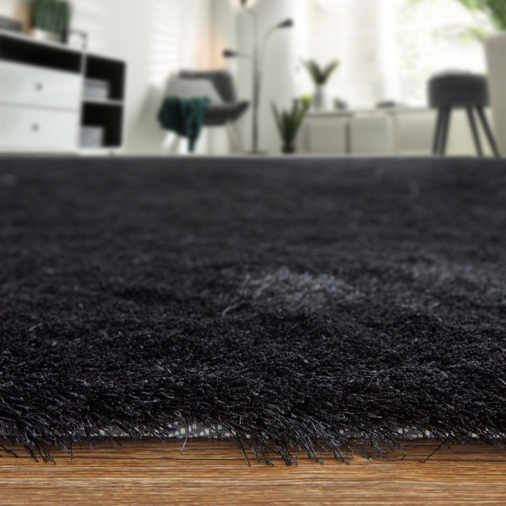 Weave & Wander Melba Plush Shag Rug, Black, 8'x8' Round