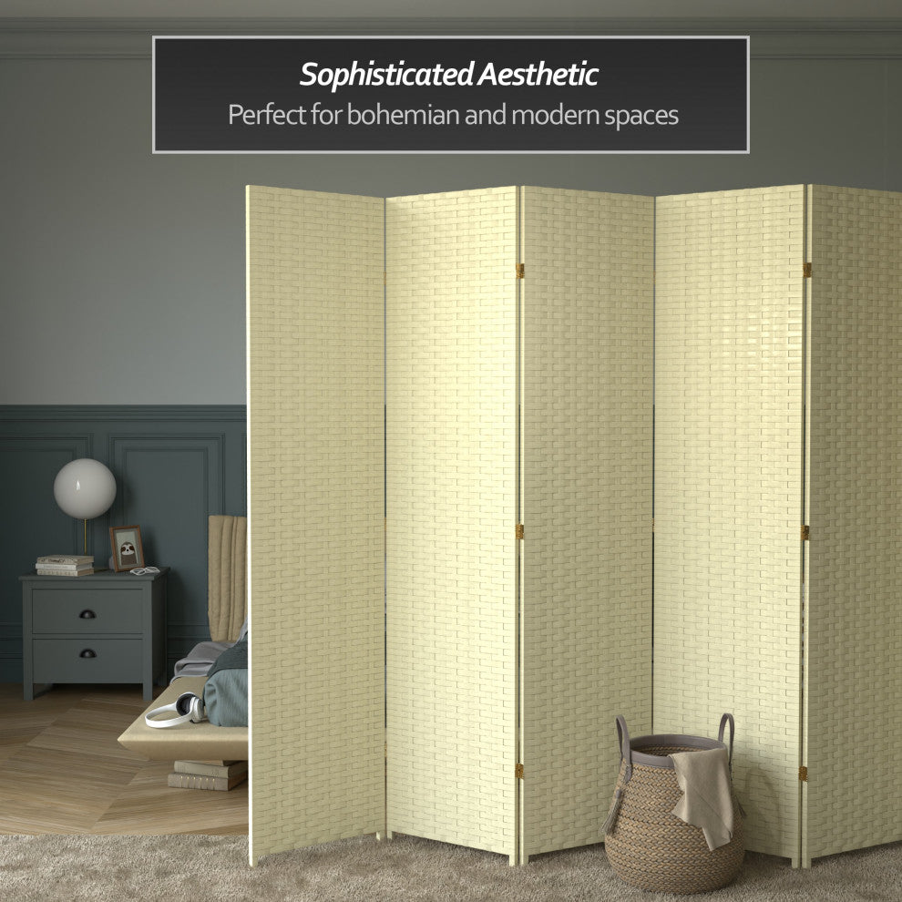 7' Tall Woven Fiber Room Divider, Cream, 8 Panel