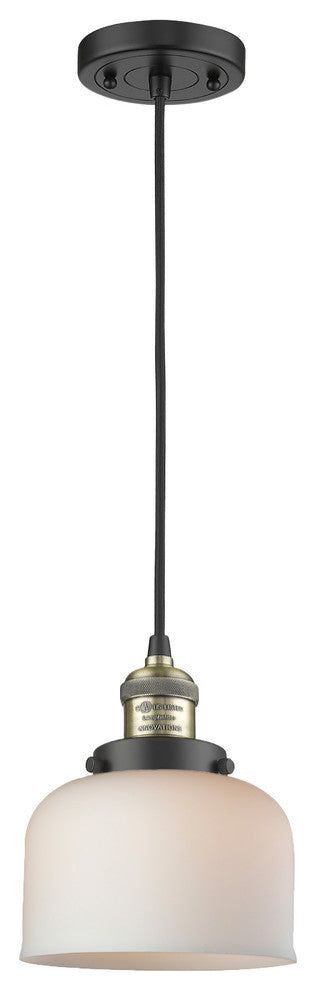 1-Light Large Bell 8" Pendant, Black Antique Brass, Glass: White Cased