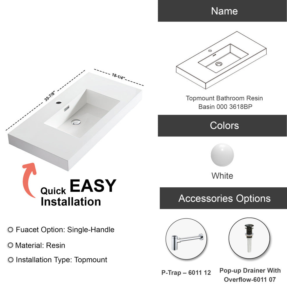 Dowell 18" FTB Resin Bathroom Vanity Basin, White, 36wx18dx6h