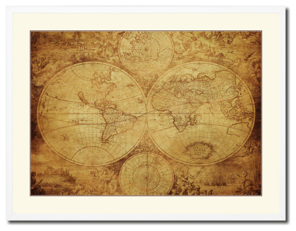 The World Circa Vintage Old Map Print On Canvas With Picture Frame 28" X 37"