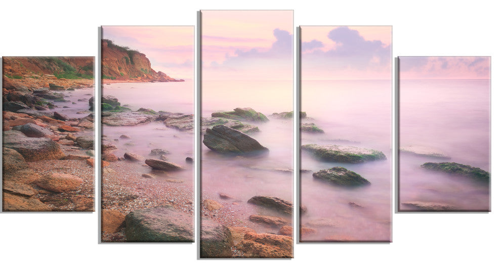 "Colorful Sunset Over the Sea" Seashore Wall Art, 60"x32", 5-Panels