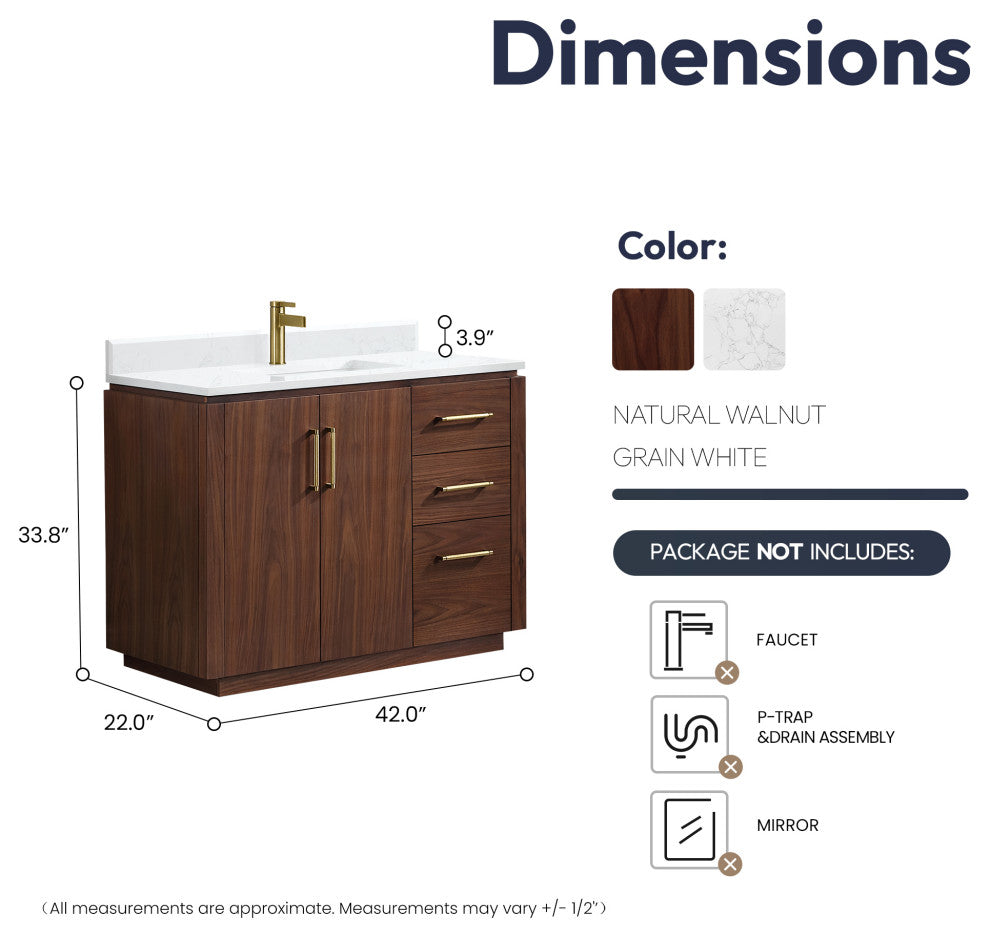 San Bath Vanity with Stone Top, Natural Walnut, 42", Single Vanity, No Mirror