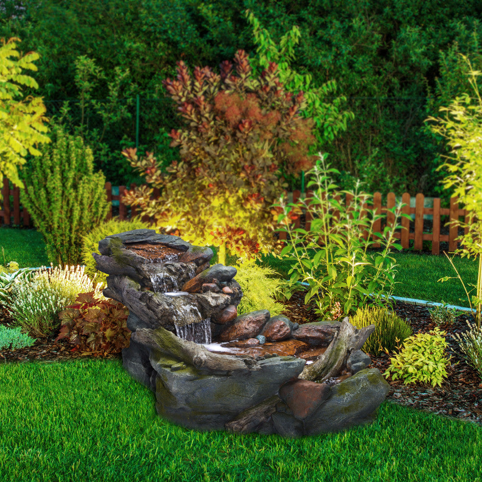 60" Long 3-Tier Rainforest Rock River Hand-Painted Fountain with LED Lights