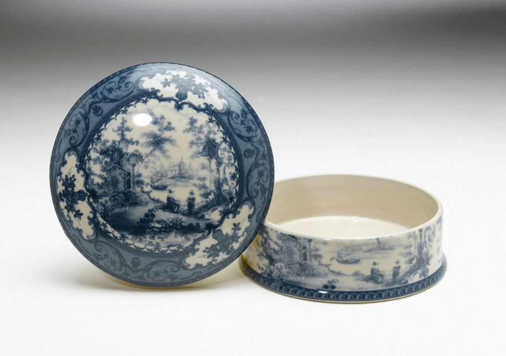 Round Porcelain Decorative Box, Blue/Cream