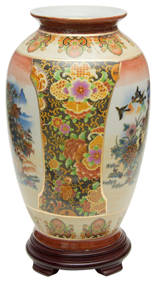 14" Satsuma Peacock Porcelain Tung Chi Vase