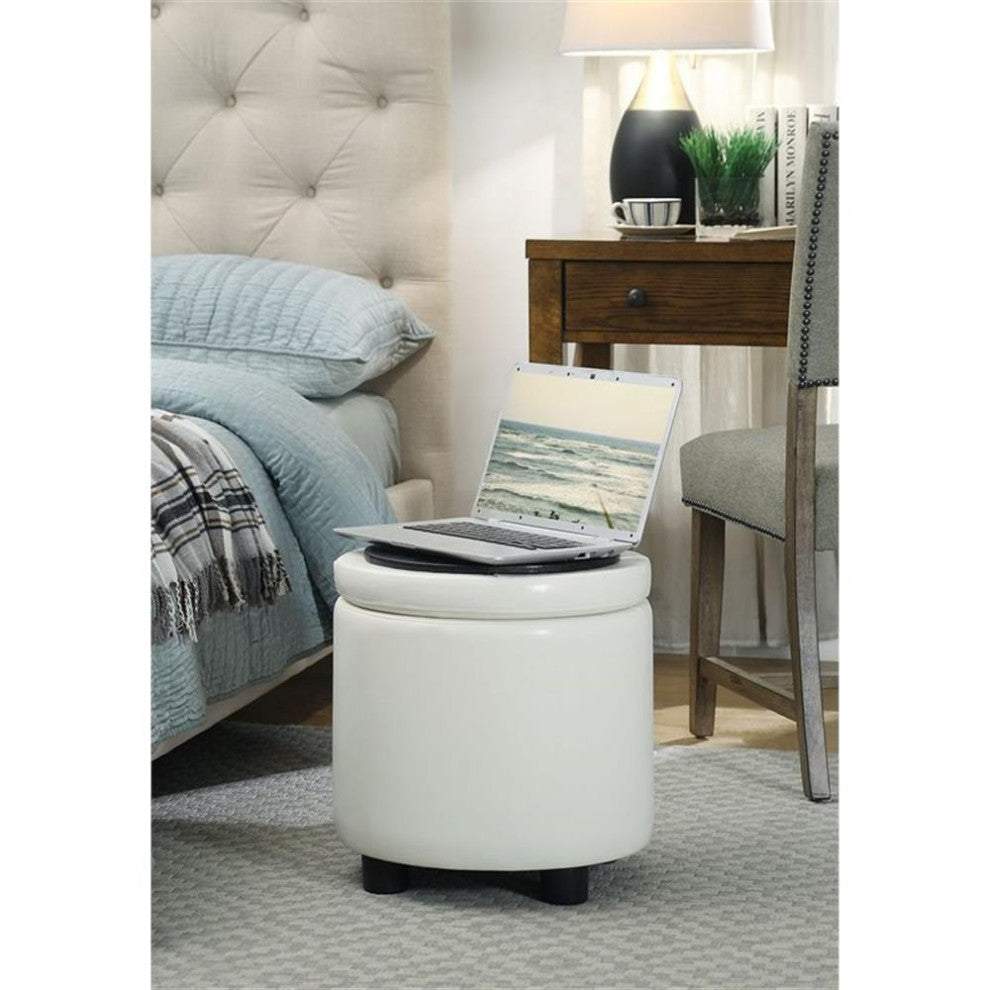 Designs4Comfort Round Accent Storage Ottoman in Ivory White Faux Leather Fabric