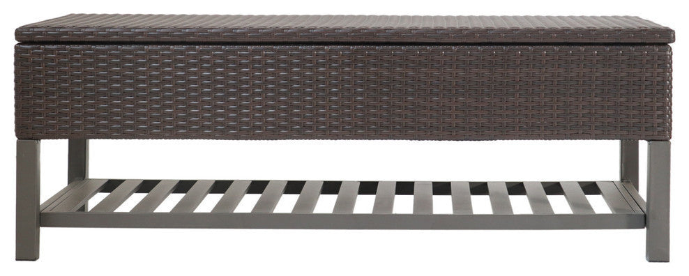 GDF Studio Martina Wicker and Iron Storage Bench With Rack, Multi Brown