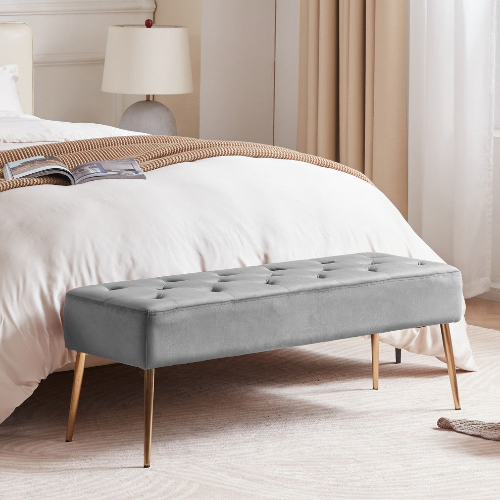 Button Tufts Bedroom Bench, Grey-Velvet