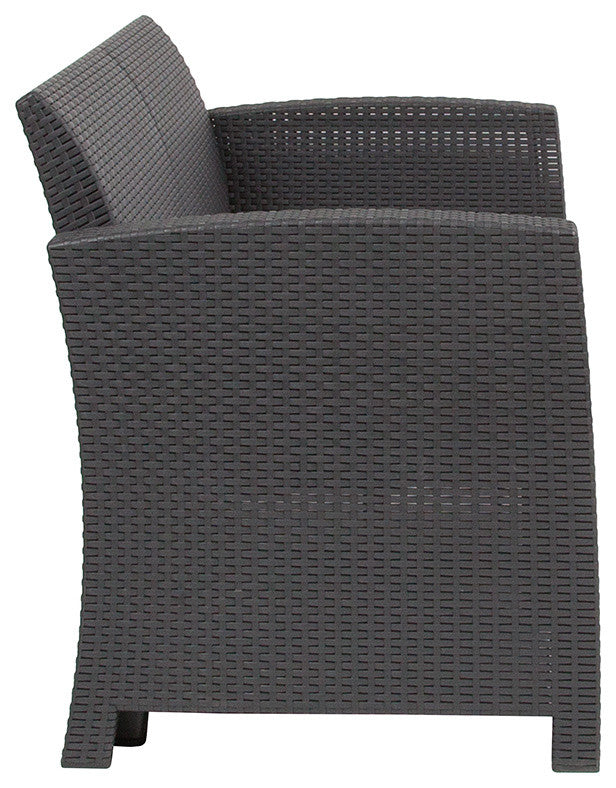 Dark Gray Faux Rattan Loveseat With All-Weather Light Gray Cushions