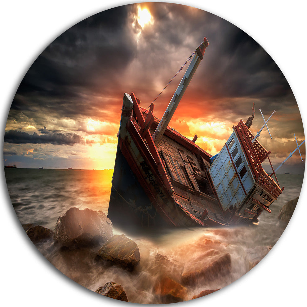 Fishing Boat Beached, Landscape Photography Round Metal Wall Art, 11"
