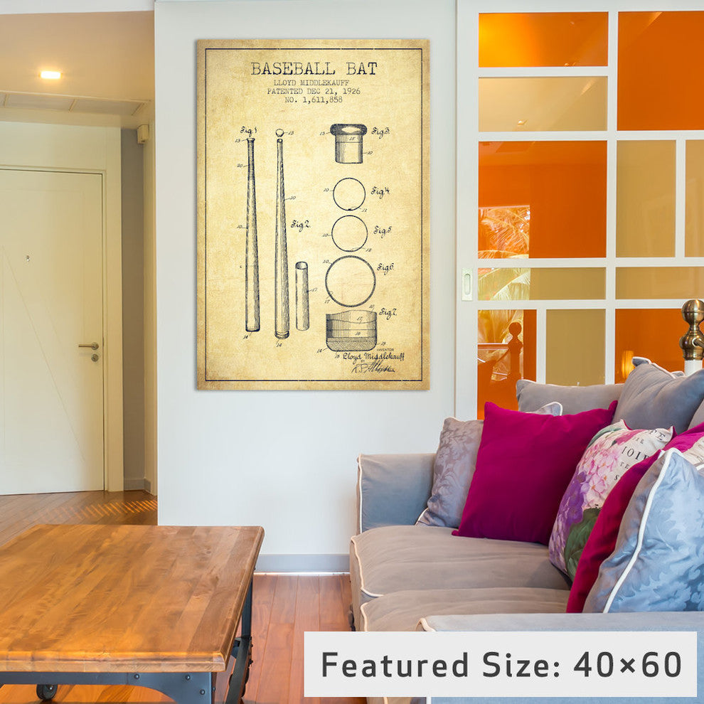 "Baseball Bat Vintage Patent Blueprint" by Aged Pixel, 18x12x1.5, 1-Piece