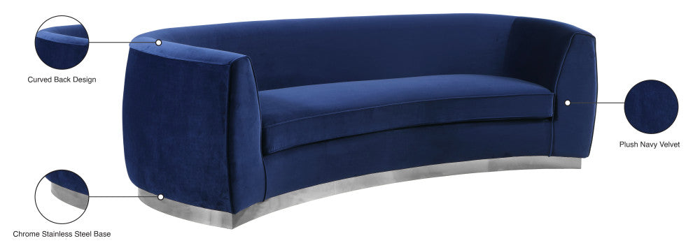 Julian Velvet Upholstered Sofa, Navy, Chrome Base