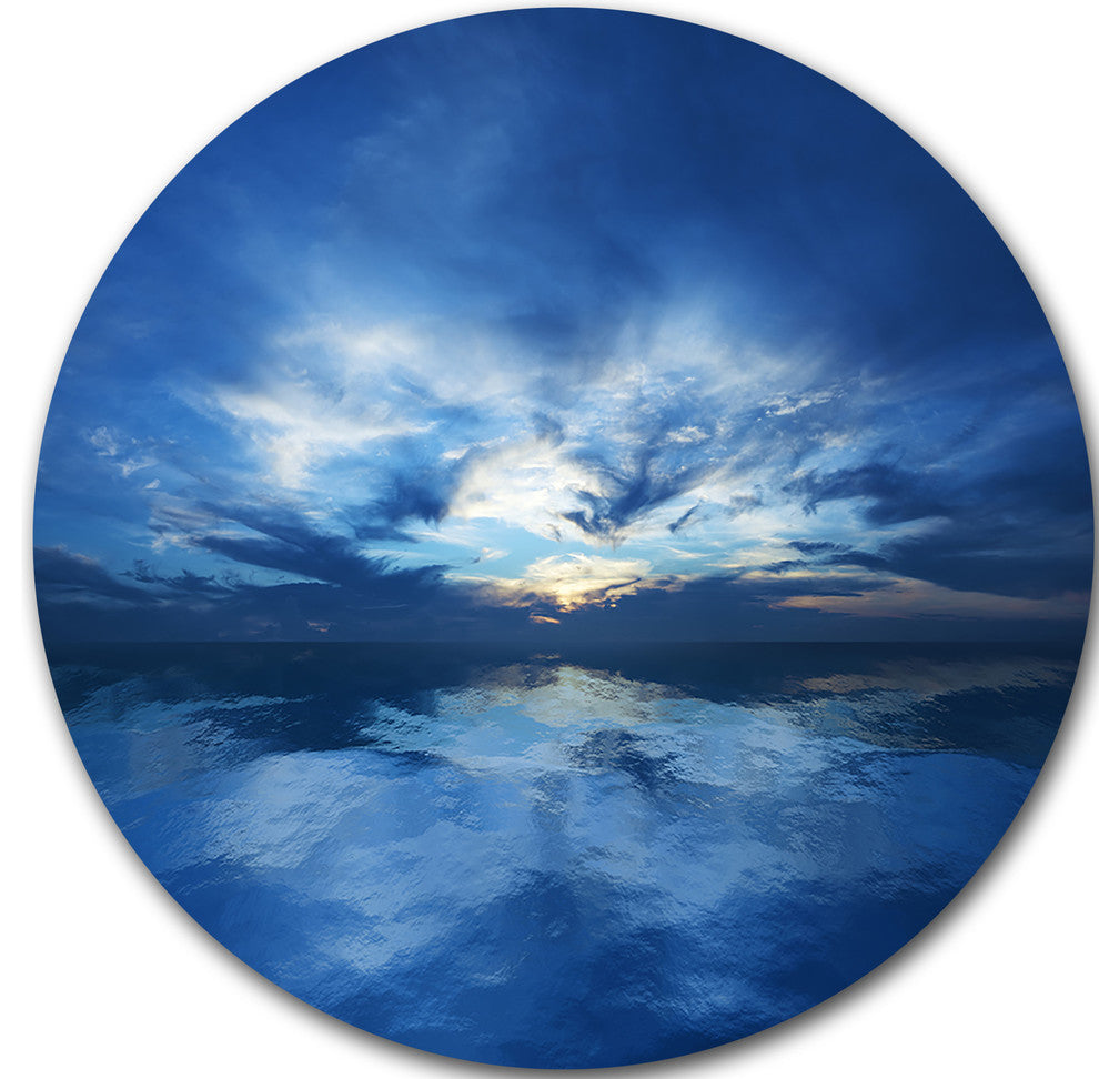 Blue Waters And Blue Sky Sunset, Seascape Round Metal Wall Art, 11"