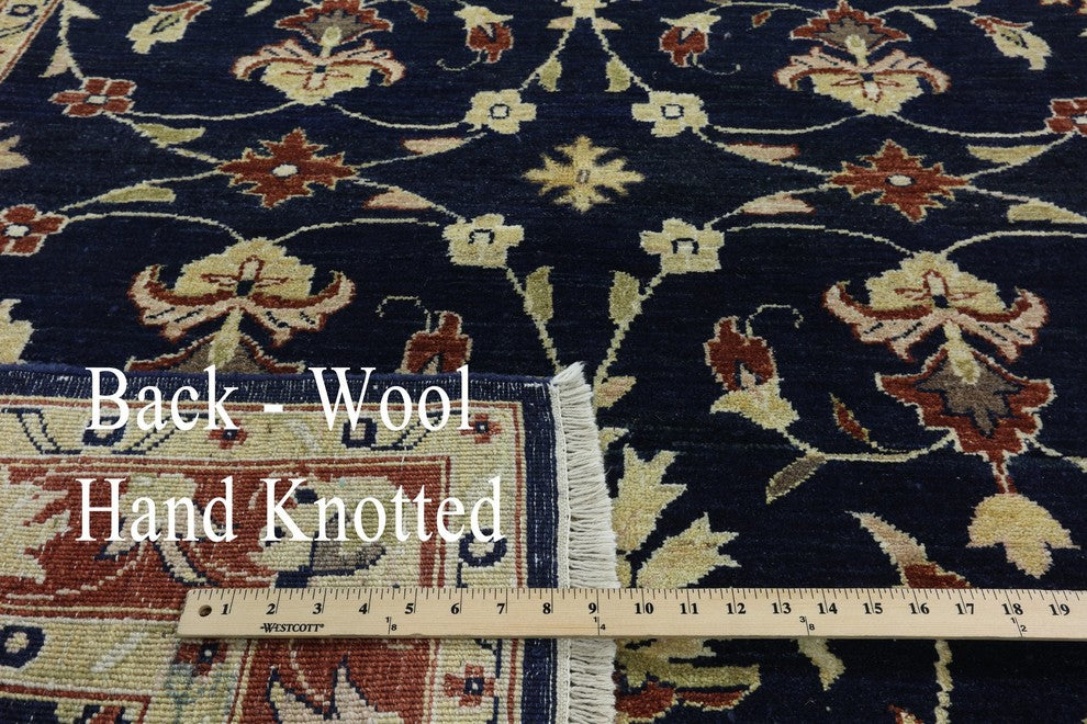 Oushak Style Pakistani Chobi Blue Floral Hand-Knotted Wool Rug, 5'x7'