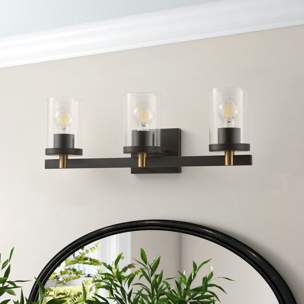 Farmhouse 3-Light Vanity Light Over Mirror With Clear Glass Shade, Black
