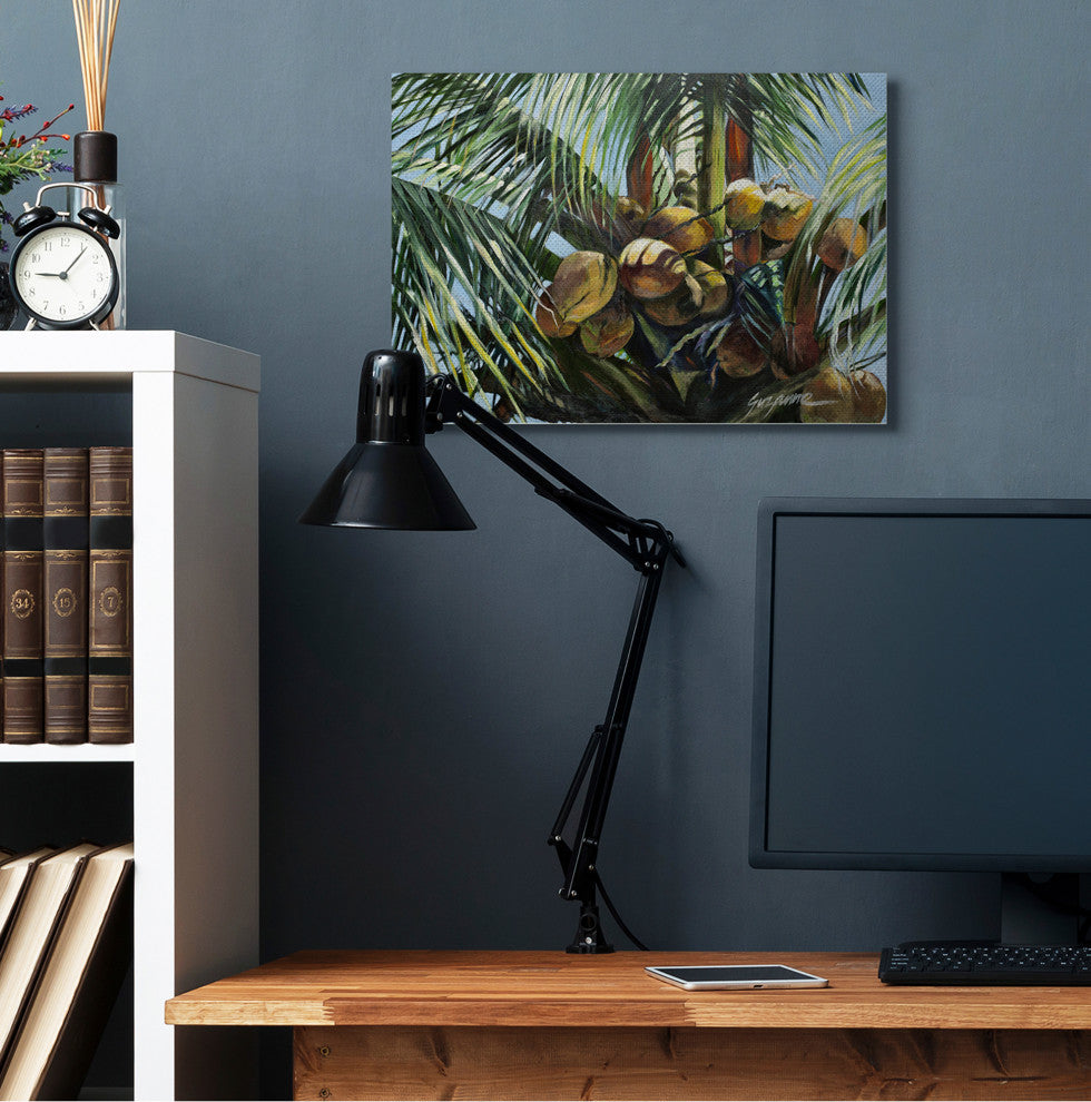 Tropical Palm Coconuts Green Yellow Painting, 24"x30", Canvas Art