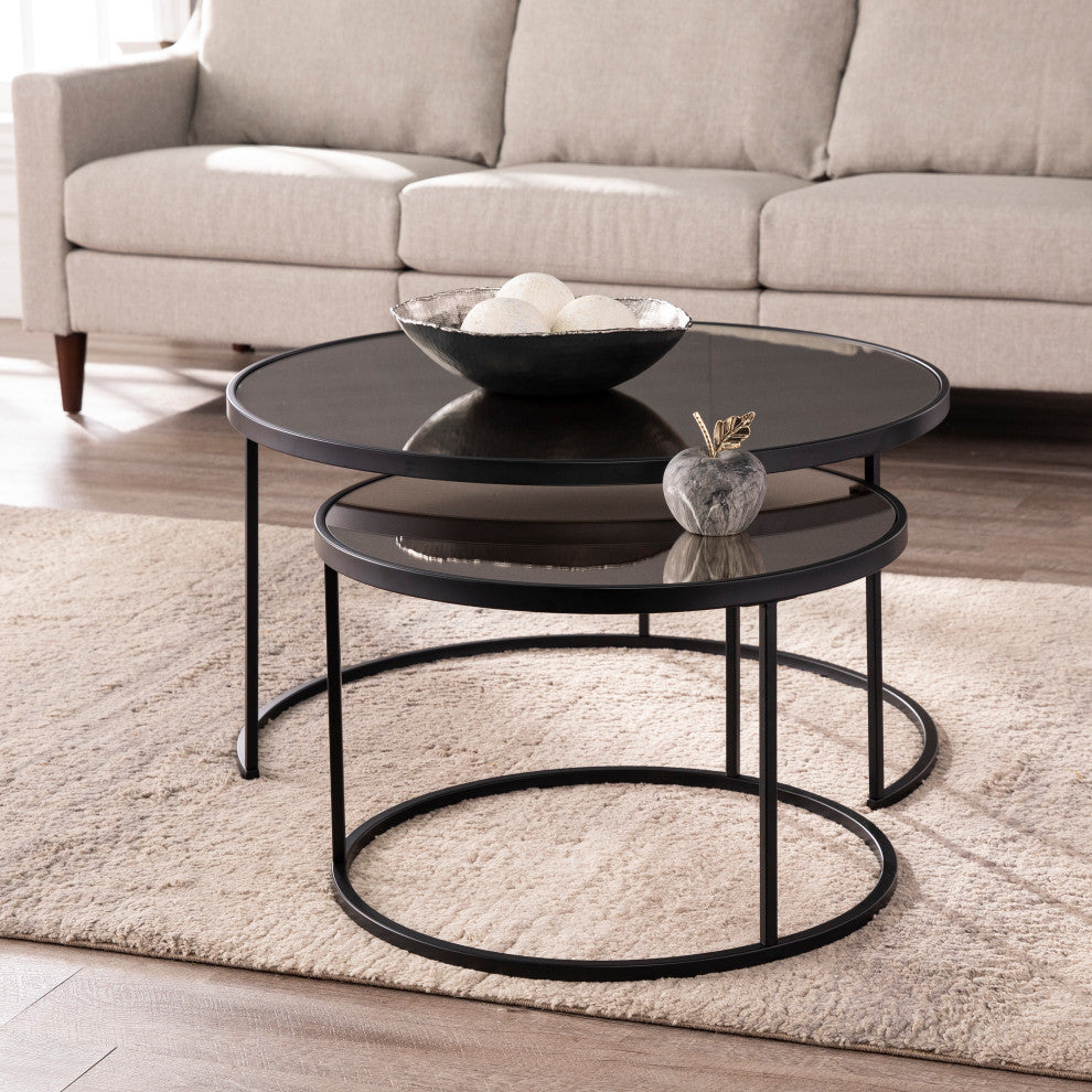 Donabbey Round Nestng Cocktail Tables 2pc Set, Antique Mirror and Black