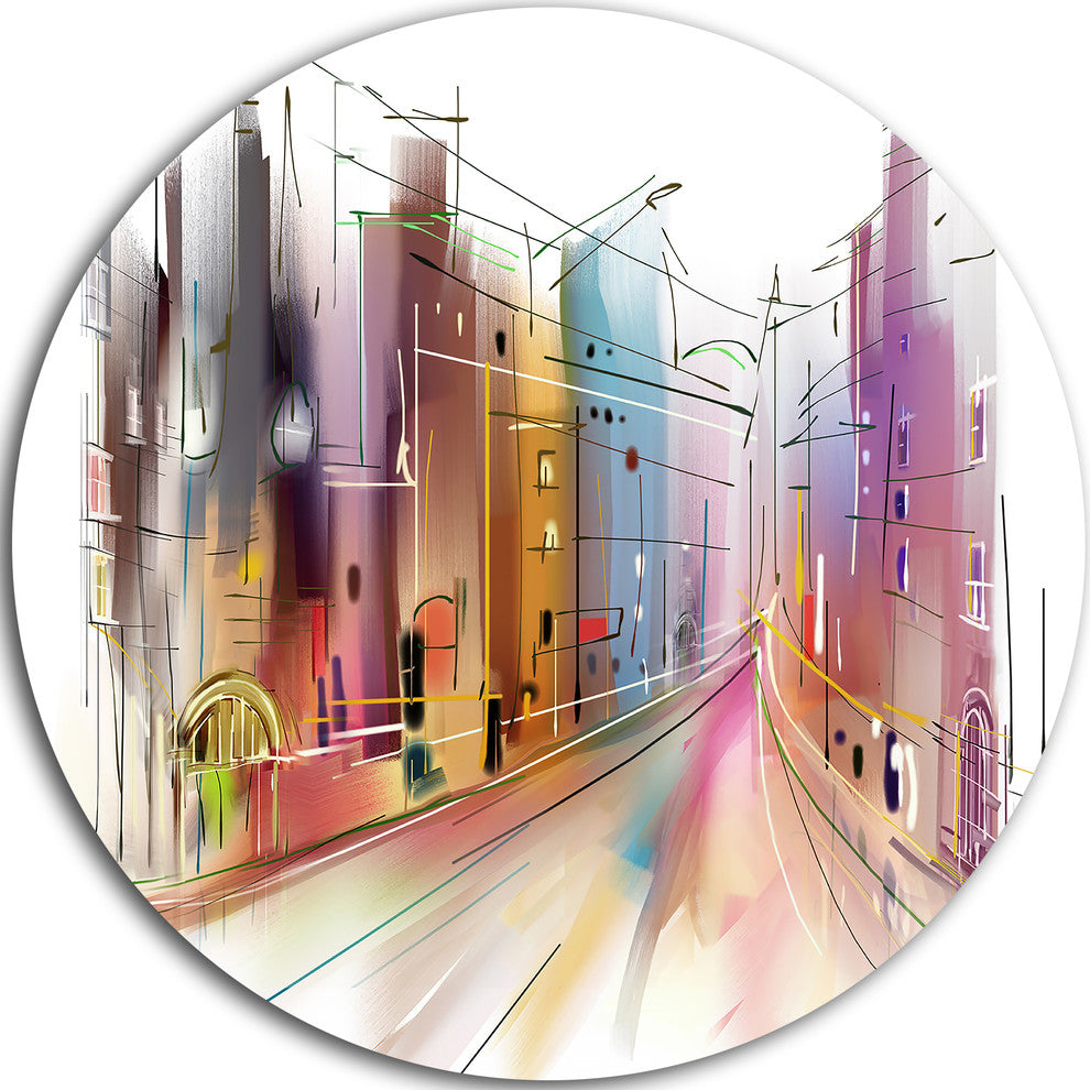 Road In City Illustration Art, Cityscape Round Wall Art, 36"