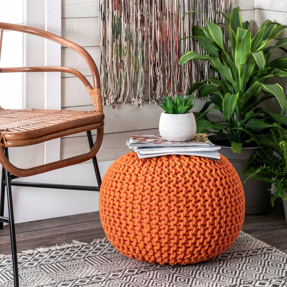 Nuloom Knitted Cotton Ling Contemporary Pouf, Orange 20"x14"