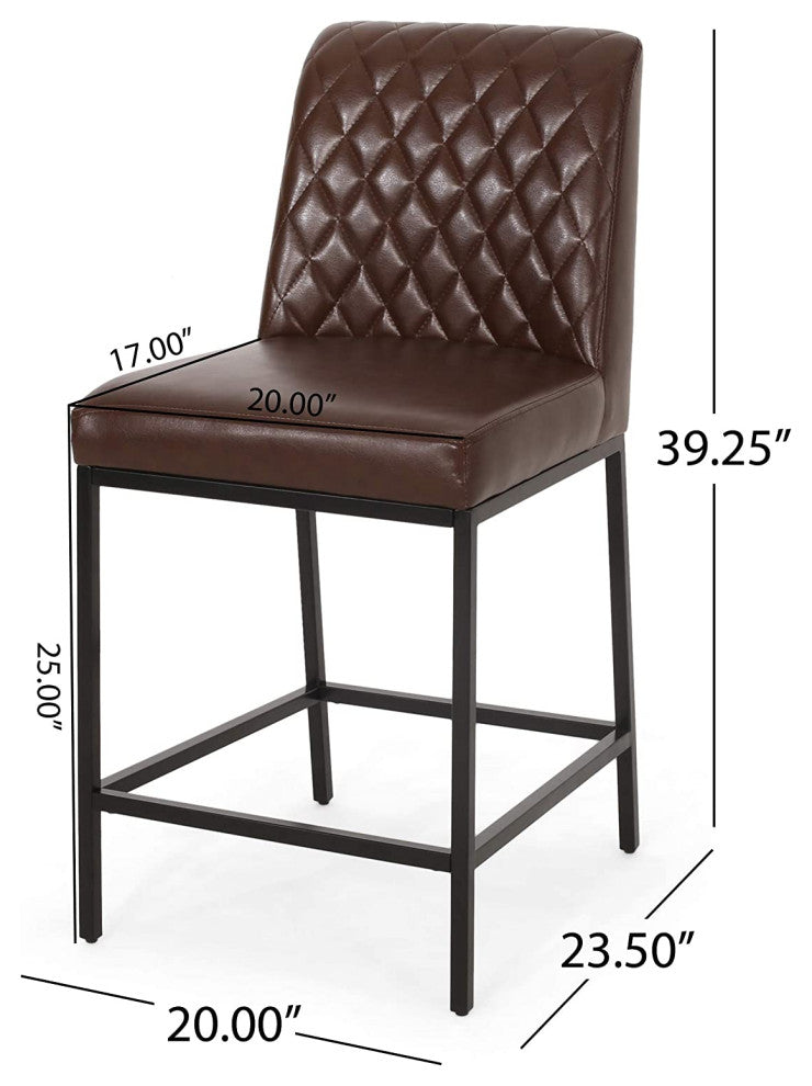 Set of 2 Counter Stool, Faux Leather Seat With Diamond Tufting, Dark Brown