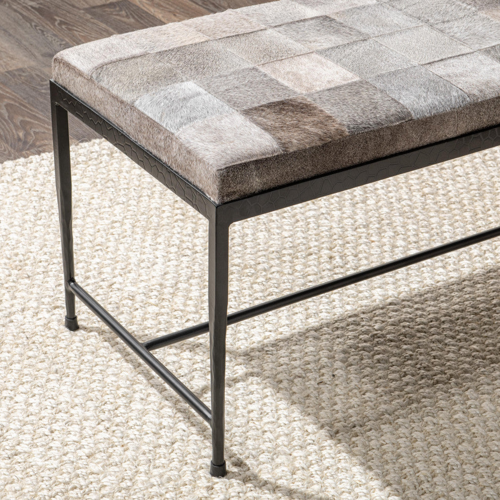 Achen Leather Hide Ottoman Bench by Kosas Home , Gray, 60"