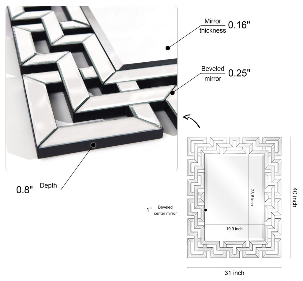Rectangular Antique Wall Mirror, 0.75" Beveled Center, 40"x 31" Bathroom Mirror