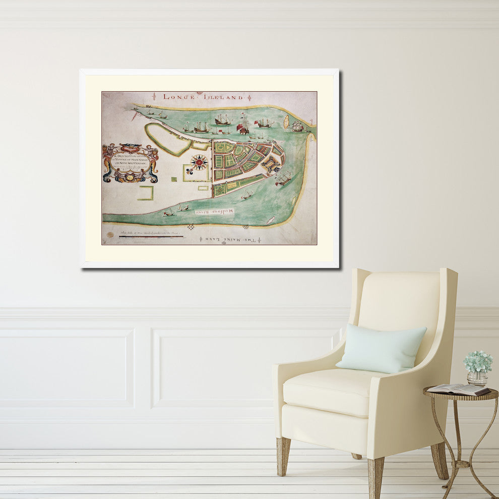 New York Old Map Print On Canvas With Picture Frame Art Collection 16" X 21"