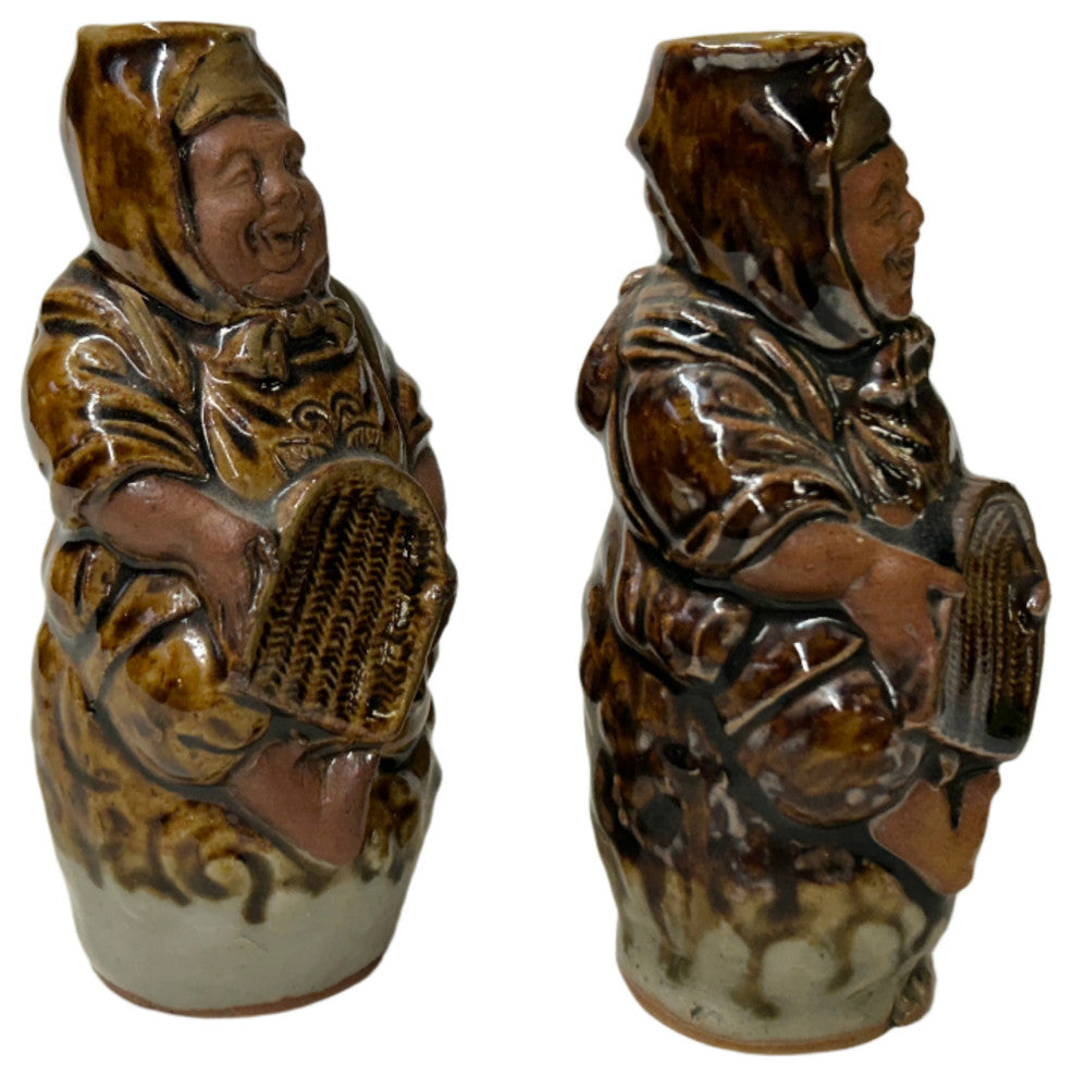 Pair Ceramic Handmade Brown Cheerful Basket Holding Jovial Figure Vases
