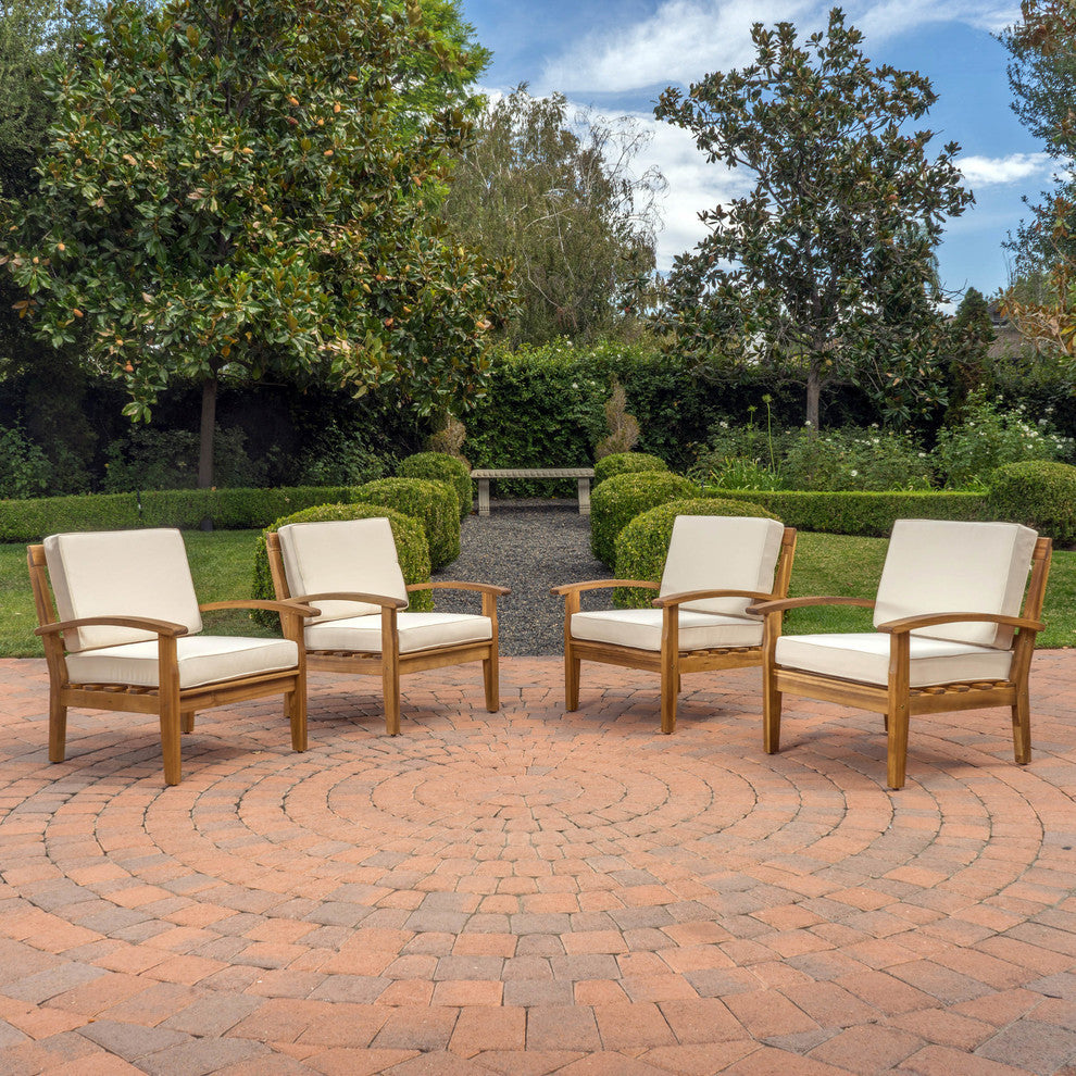 GDF Studio Preston Outdoor Wooden Club Chairs, Beige, Set of 4