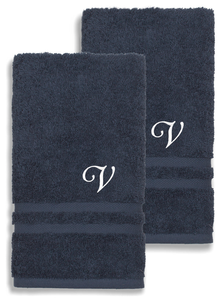 Denzi Hand Towels With Monogrammed Letter, Set of 2, V