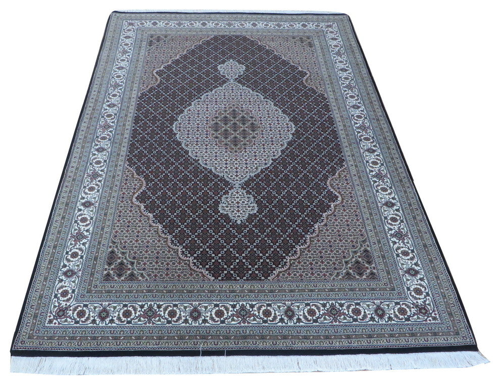6'9x10'1 Hand Knotted Black Ivory Mahi Tabriz Persian Rug Wool & Silk