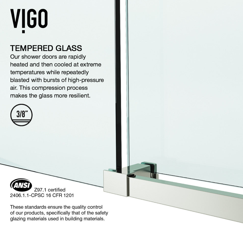 VIGO Elan E-Class 56" to 60" W x 76" H Frameless Sliding Shower Door, Stainless Steel, Clear Glass