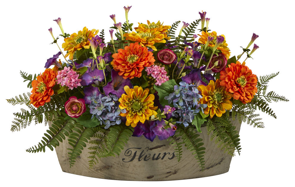 18" Mixed Flowers Artificial Arrangement, Decorative Vase