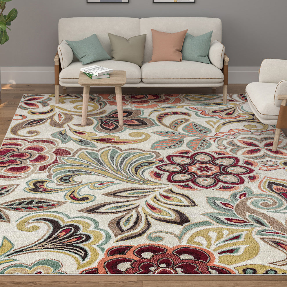 Dilek Transitional Floral Area Rug, Ivory, 7'10'' X 10'3''