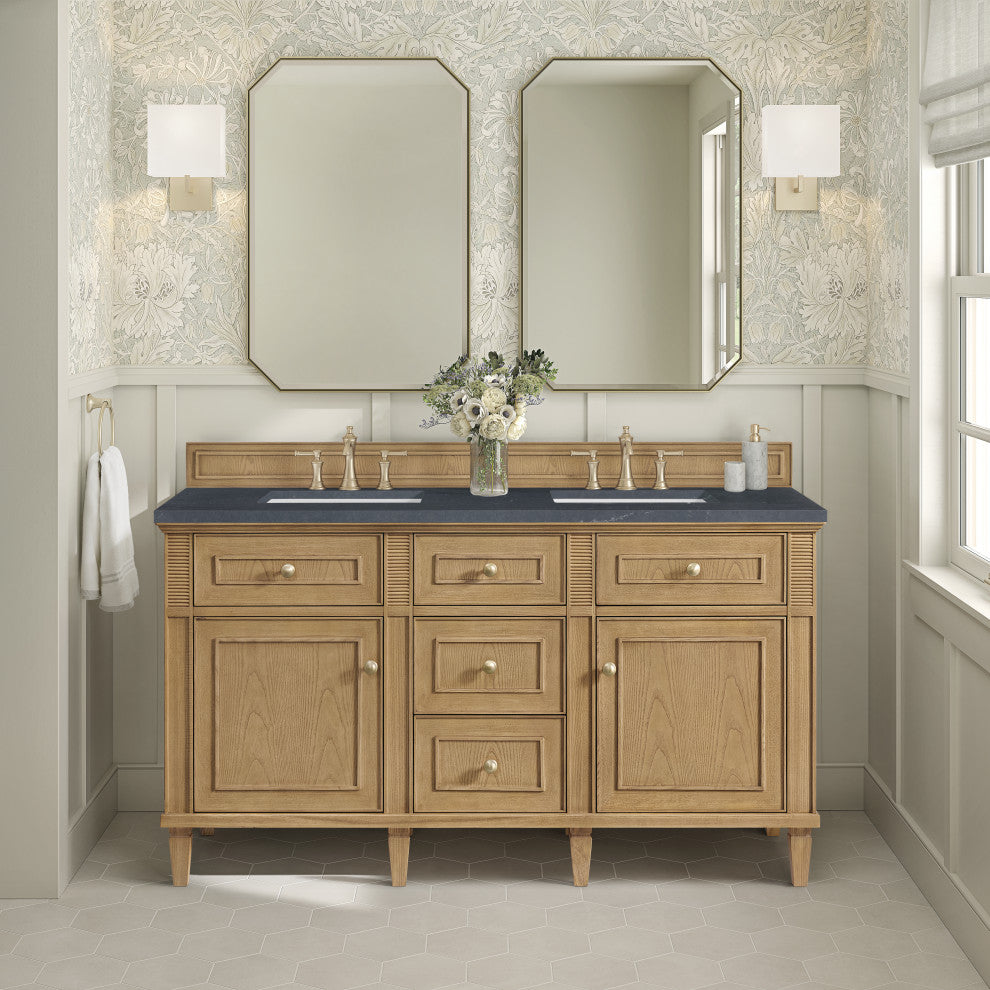 Lorelai 60" Double Vanity, Light Natural Oak, 3 CM Charcoal Soapstone Top