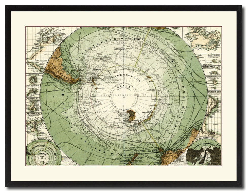 Antarctica, South Pole Vintage Map Print On Canvas With Picture Frame 28" X 37"