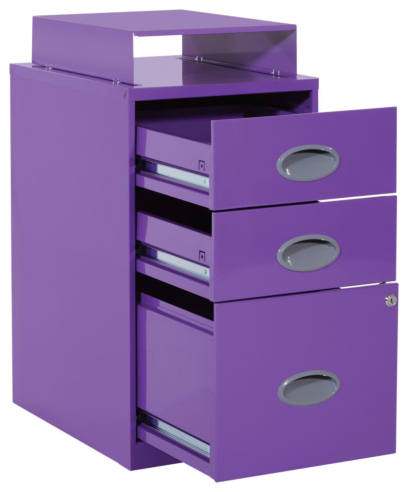 3 Drawer Locking Metal File Cabinet With Top Shelf, Purple
