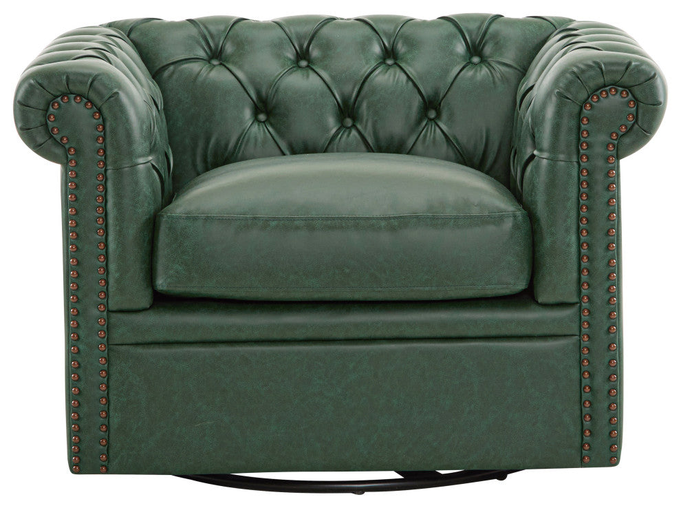 GDF Studio 360° Upholstered Tufted Swivel Club Chair, Green, Faux Leather