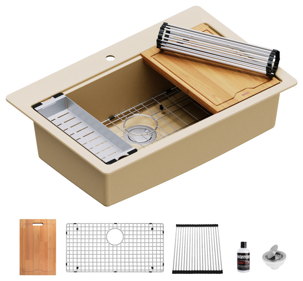 Karran Top Mount 33" Single Bowl Quartz Workstation Kitchen Sink, Bisque