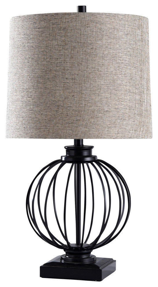 Audrey Metal Ball Cage Table Lamp, Black Finish with a Round Hardback Shade