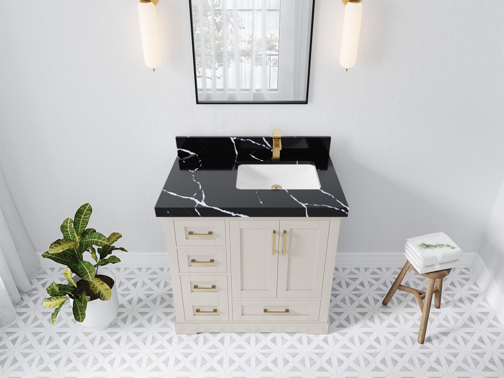 Boston 36" Right Offset Bath Vanity in Fine Grain 2" Calacatta Black