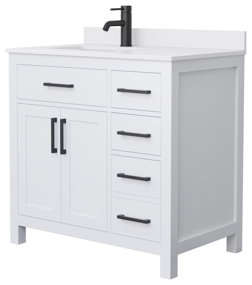 Beckett 36" White Single Vanity, White Cultured Marble Top, Black Trim