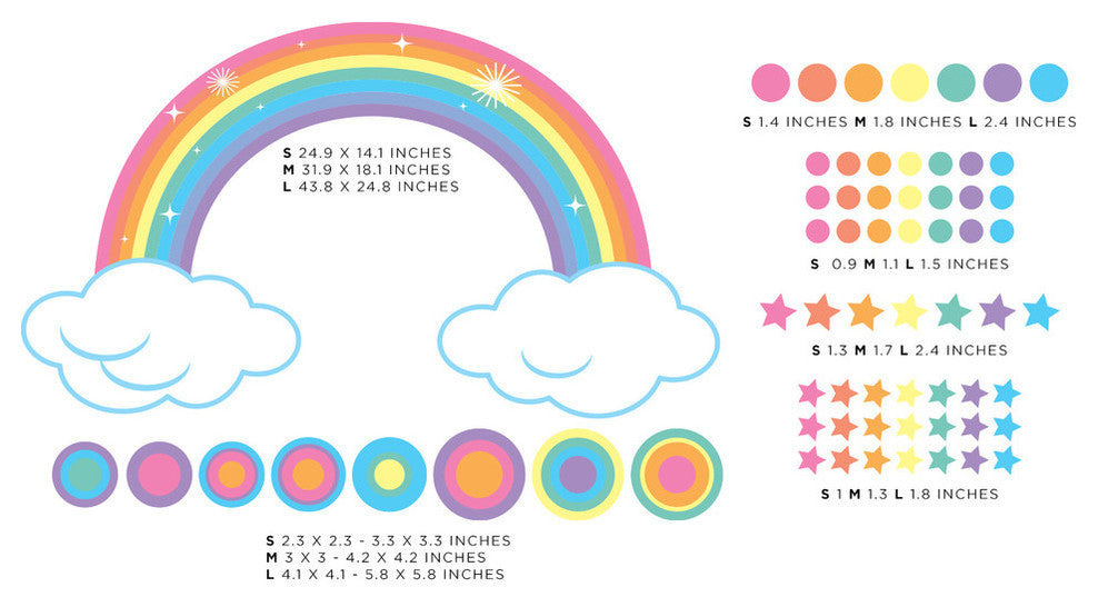 Pastel Rainbow Fabric Wall Decal With Polka Dots and Stars, Size Large