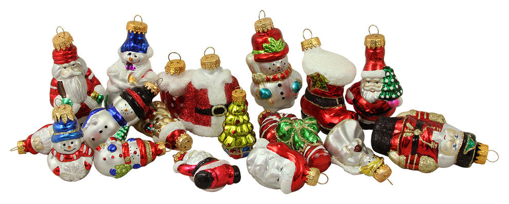 Snowman Santa Suit Bear and Angel Glass Figure Christmas Ornaments, Set of 18