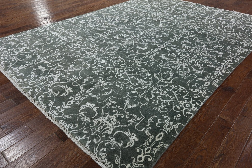 Wool and Silk Floral Oriental Hand-Knotted Rug, 9'x12'