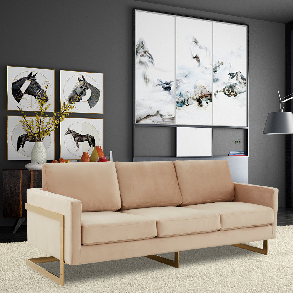 LeisureMod Lincoln Modern Velvet Sofa With Gold Frame, Beige